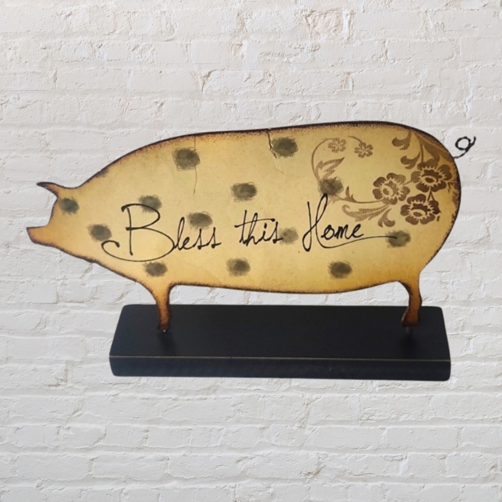 Country, Bless This Home, Pig Sign, Tin, Brown and black